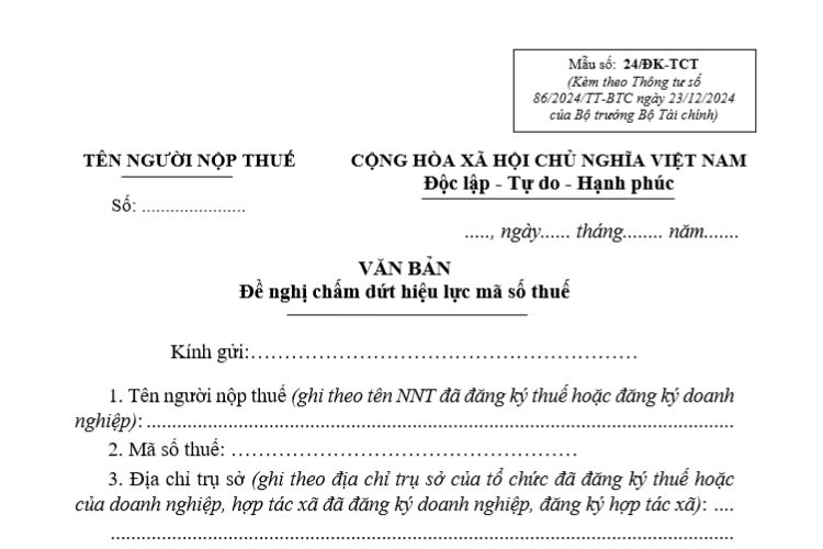 Văn bản đề nghị chấm dứt hiệu lực mã số thuế (Mẫu số: 24/ĐK-TCT)