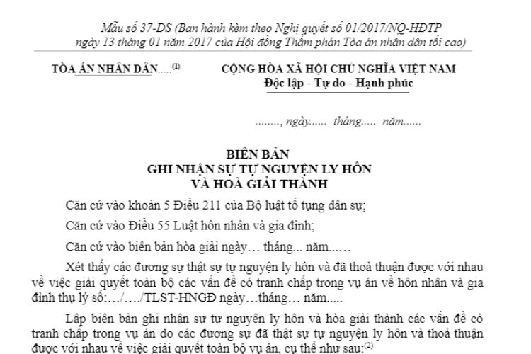 Mẫu Biên bản ghi nhận sự tự nguyện ly hôn và hòa giải thành (Mẫu số 37-DS) 2 Mẫu Biên bản ghi nhận sự tự nguyện ly hôn và hòa giải thành (Mẫu số 37-DS)