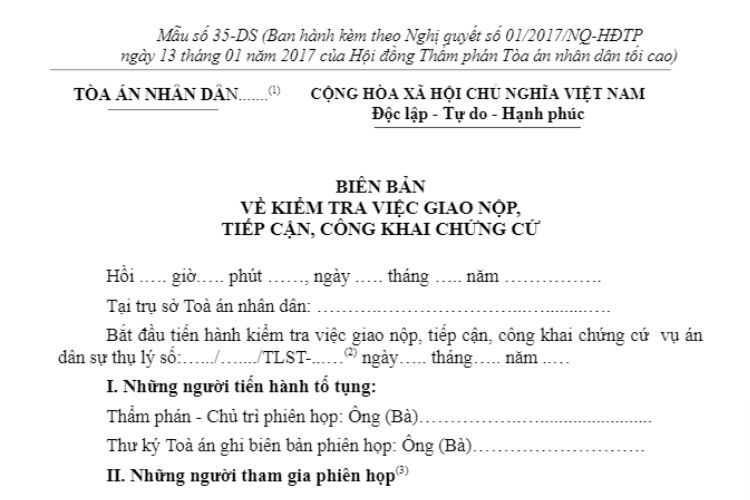 Mẫu Biên bản về kiểm tra việc giao nộp, tiếp cận, công khai chứng cứ (Mẫu số 35-DS) 2 Mẫu Biên bản về kiểm tra việc giao nộp, tiếp cận, công khai chứng cứ (Mẫu số 35-DS)