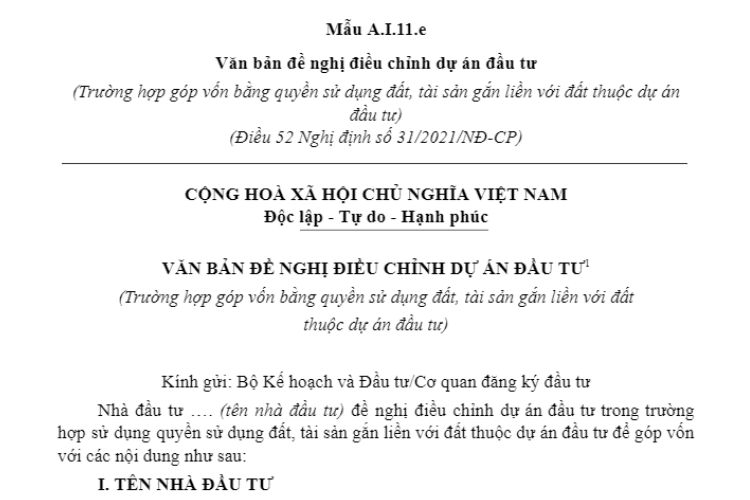 Mẫu A.I.11.e | Văn bản đề nghị điều chỉnh dự án đầu tư 2 Mẫu A.I.11.e | Văn bản đề nghị điều chỉnh dự án đầu tư