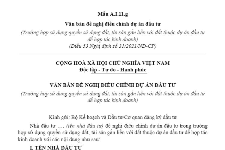 Mẫu A.I.11.g | Văn bản đề nghị điều chỉnh dự án đầu tư 2 Mẫu A.I.11.g | Văn bản đề nghị điều chỉnh dự án đầu tư