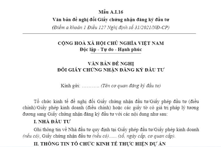 Mẫu A.I.16 | Văn bản đề nghị đổi Giấy chứng nhận đăng ký đầu tư 2 Mẫu A.I.16 | Văn bản đề nghị đổi Giấy chứng nhận đăng ký đầu tư