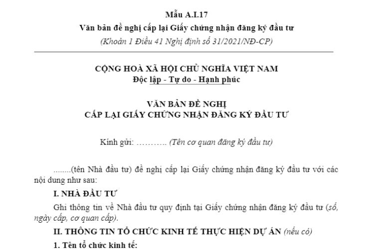 Mẫu A.I.17 | Văn bản đề nghị cấp lại Giấy chứng nhận đăng ký đầu tư 2 Mẫu A.I.17 | Văn bản đề nghị cấp lại Giấy chứng nhận đăng ký đầu tư