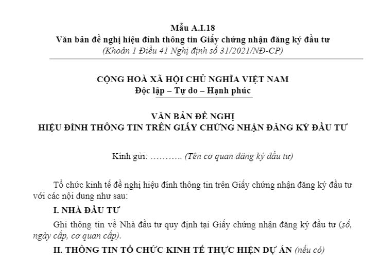 Mẫu A.I.18 | Văn bản đề nghị hiệu đính thông tin Giấy chứng nhận đăng ký đầu tư 2 Mẫu A.I.18 | Văn bản đề nghị hiệu đính thông tin Giấy chứng nhận đăng ký đầu tư