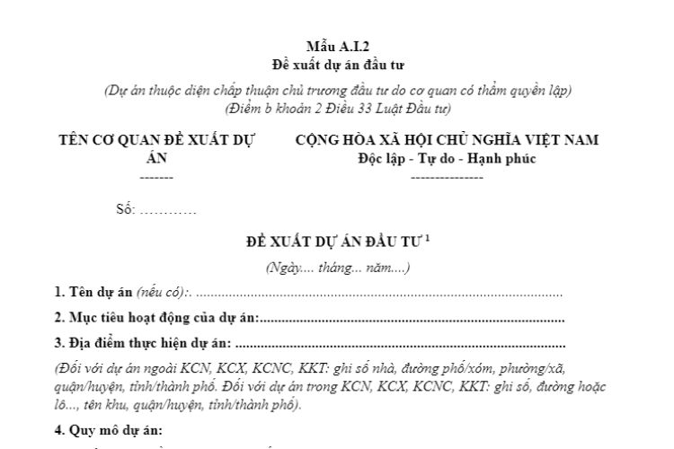 Mẫu A.I.2 | Đề xuất dự án đầu tư 2 Mẫu A.I.2 | Đề xuất dự án đầu tư