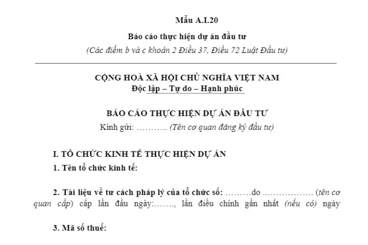 Mẫu A.I.20 | Báo cáo thực hiện dự án đầu tư 2 Mẫu A.I.20 | Báo cáo thực hiện dự án đầu tư