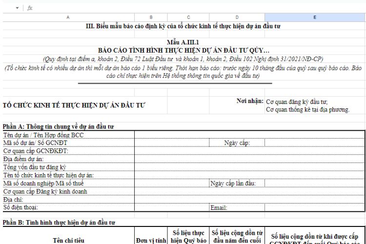 Mẫu A.III.1 | Báo cáo quý về tình hình thực hiện dự án đầu tư 2 Mẫu A.III.1 | Báo cáo quý về tình hình thực hiện dự án đầu tư