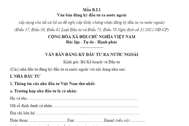 Mẫu B.I.1 | Văn bản đăng ký đầu tư ra nước ngoài 2 Mẫu B.I.1 | Văn bản đăng ký đầu tư ra nước ngoài