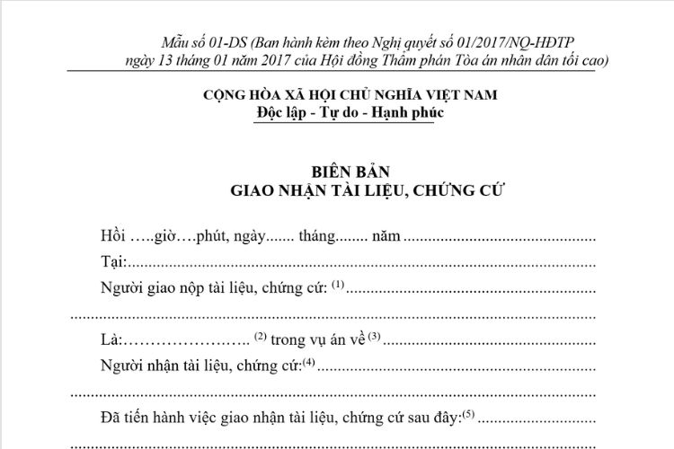 Mẫu Biên bản giao nhận tài liệu, chứng cứ (Mẫu số 01-DS) 2 Mẫu Biên bản giao nhận tài liệu, chứng cứ (Mẫu số 01-DS)