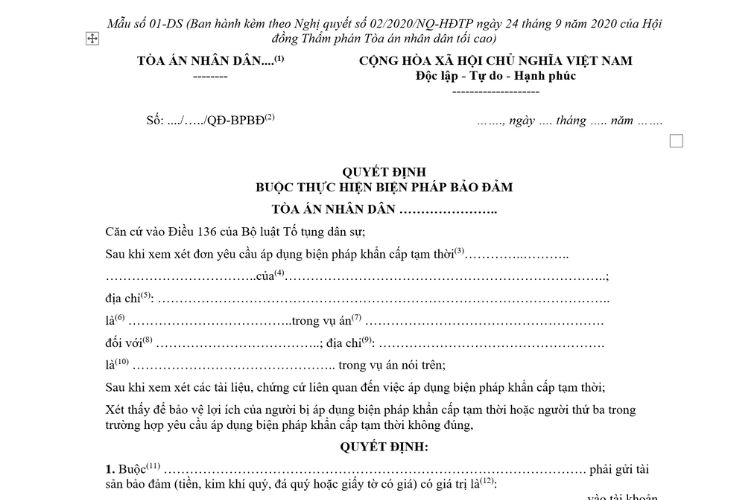 Mẫu Quyết định buộc thực hiện biện pháp bảo đảm dành cho Thẩm phán (Mẫu số 01-DS) 2 Mẫu Quyết định buộc thực hiện biện pháp bảo đảm dành cho Thẩm phán (Mẫu số 01-DS)