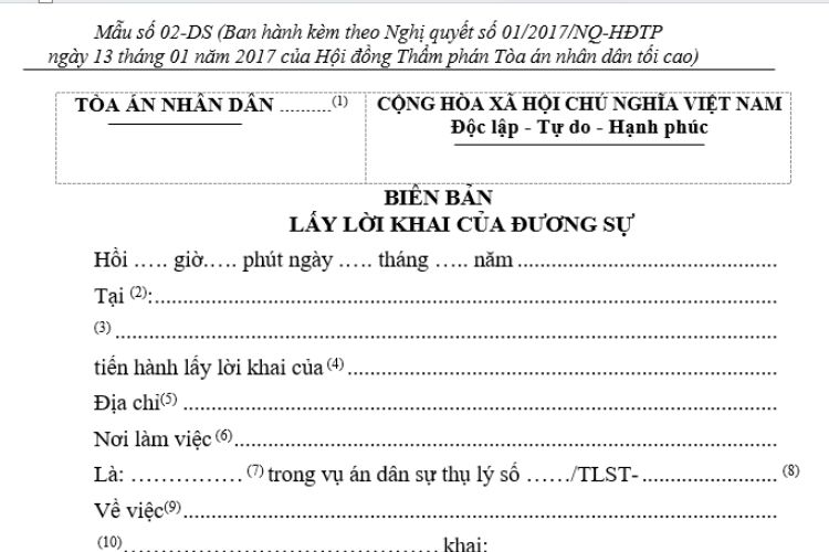 Mẫu Biên bản lấy lời khai của đương sự (Mẫu số 02-DS) 2 Mẫu Biên bản lấy lời khai của đương sự (Mẫu số 02-DS)