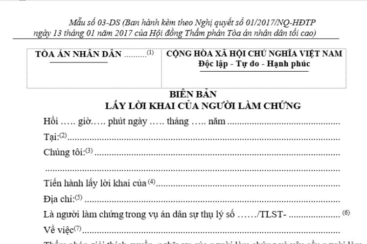 Mẫu Biên bản lấy lời khai của người làm chứng (Mẫu số 03-DS)