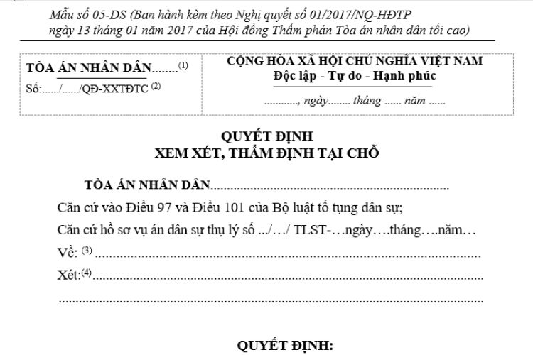 Mẫu Quyết định xem xét, thẩm định tại chỗ (Mẫu số 05-DS)