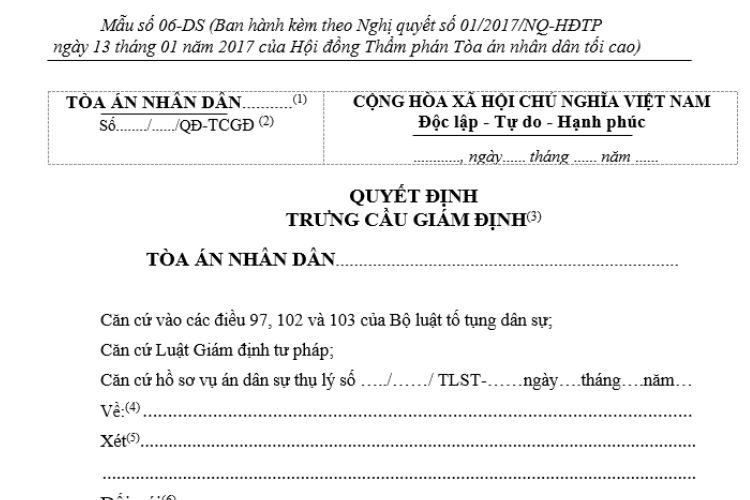 Mẫu Quyết định trưng cầu giám định (Mẫu số 06-DS) 2 Quyết định trưng cầu giám định (Mẫu số 06-DS)