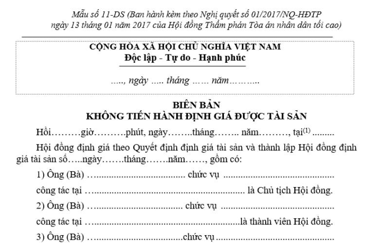 Mẫu Biên bản không tiến hành định giá được tài sản (Mẫu số 11-DS)