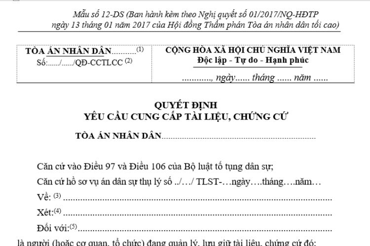 Mẫu Quyết định yêu cầu cung cấp tài liệu, chứng cứ (Mẫu số 12-DS)