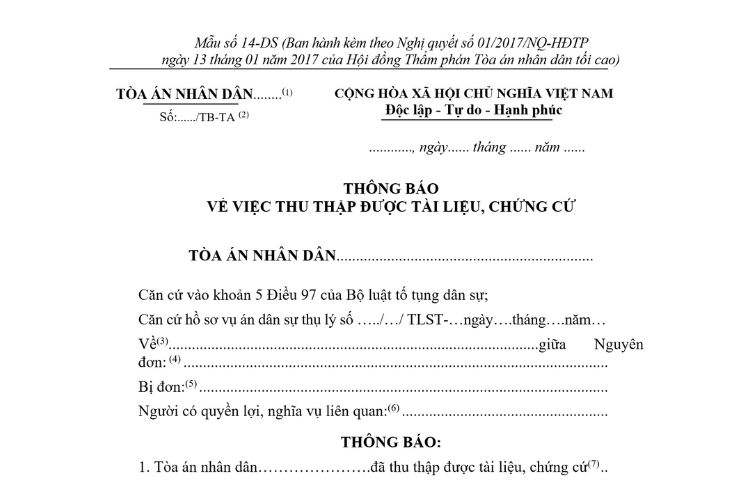 Mẫu Thông báo về việc thu thập được tài liệu, chứng cứ (Mẫu số 14-DS) 2 Mẫu Thông báo về việc thu thập được tài liệu, chứng cứ (Mẫu số 14-DS)