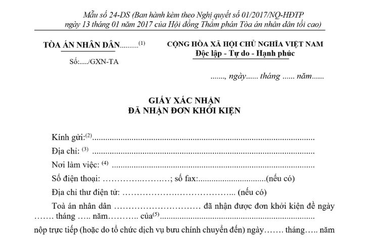 Mẫu Giấy xác nhận đã nhận đơn khởi kiện (Mẫu số 24-DS) 2 Mẫu Giấy xác nhận đã nhận đơn khởi kiện (Mẫu số 24-DS)