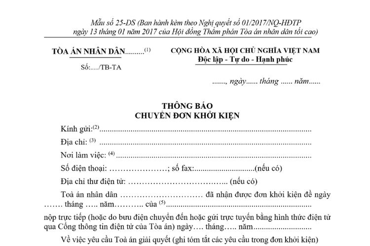 Mẫu Thông báo chuyển đơn khởi kiện (Mẫu số 25-DS) 2 Mẫu Thông báo chuyển đơn khởi kiện (Mẫu số 25-DS)