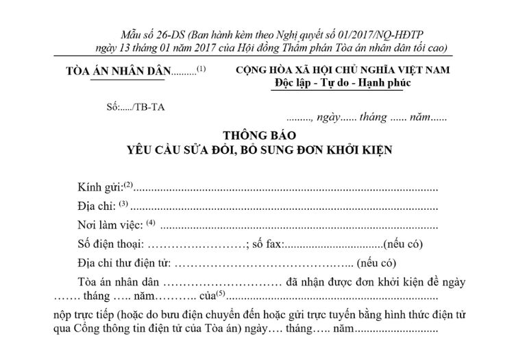 Mẫu Thông báo yêu cầu sửa đổi, bổ sung đơn khởi kiện (Mẫu số 26-DS) 2 Mẫu Thông báo yêu cầu sửa đổi, bổ sung đơn khởi kiện (Mẫu số 26-DS)