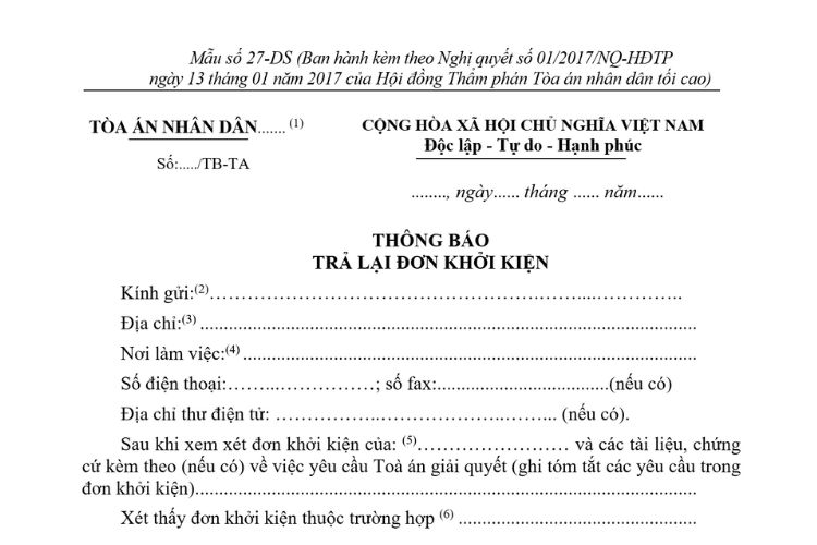 Mẫu Thông báo trả lại đơn khởi kiện (Mẫu số 27-DS) 2 Mẫu Thông báo trả lại đơn khởi kiện (Mẫu số 27-DS)