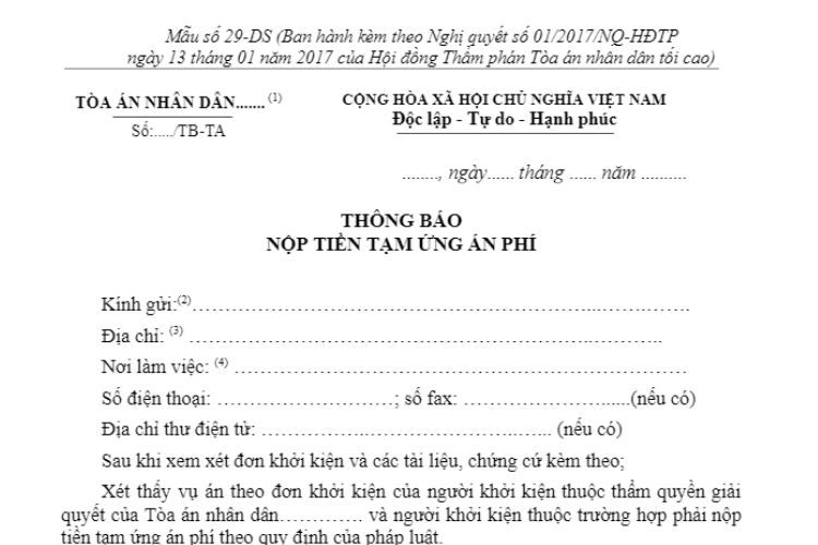 Mẫu Thông báo nộp tiền tạm ứng án phí (Mẫu số 29-DS) 2 Mẫu Thông báo nộp tiền tạm ứng án phí (Mẫu số 29-DS)