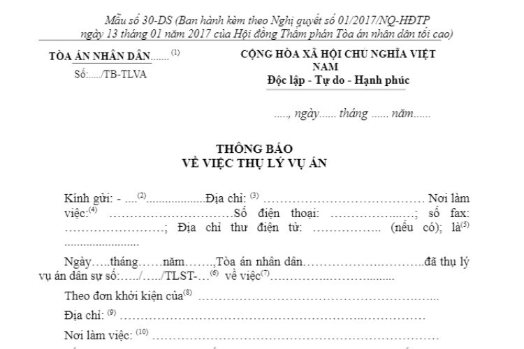Mẫu Thông báo về việc thụ lý vụ án (Mẫu số 30-DS) 2 Mẫu Thông báo về việc thụ lý vụ án (Mẫu số 30-DS)