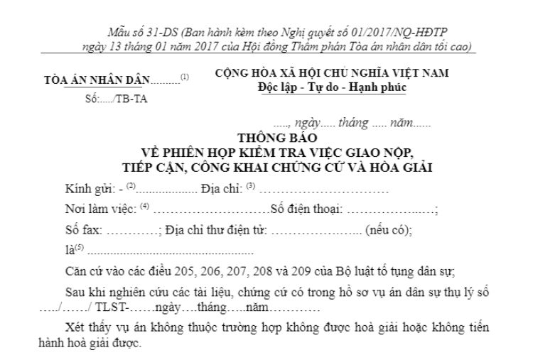 Mẫu Thông báo về phiên họp kiểm tra việc giao nộp, tiếp cận, công khai chứng cứ và hòa giải (Mẫu số 31-DS) 2 Mẫu Thông báo về phiên họp kiểm tra việc giao nộp, tiếp cận, công khai chứng cứ và hòa giải (Mẫu số 31-DS)