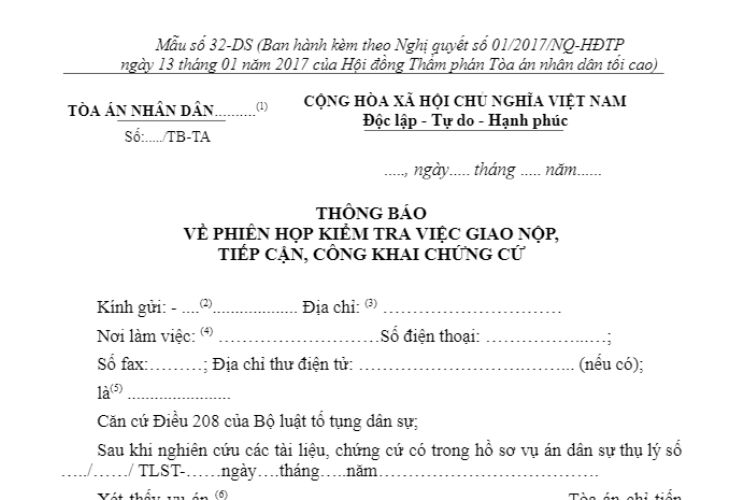 Mẫu Thông báo về phiên họp kiểm tra việc giao nộp, tiếp cận, công khai chứng cứ (Mẫu số 32-DS) 2 Mẫu Thông báo về phiên họp kiểm tra việc giao nộp, tiếp cận, công khai chứng cứ (Mẫu số 32-DS)