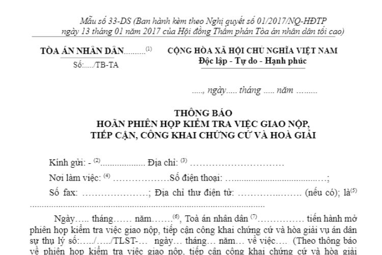 Mẫu Thông báo hoãn phiên họp kiểm tra việc giao nộp, tiếp cận, công khai chứng cứ và hòa giải (Mẫu số 33-DS) 2 Mẫu Thông báo hoãn phiên họp kiểm tra việc giao nộp, tiếp cận, công khai chứng cứ và hòa giải (Mẫu số 33-DS)