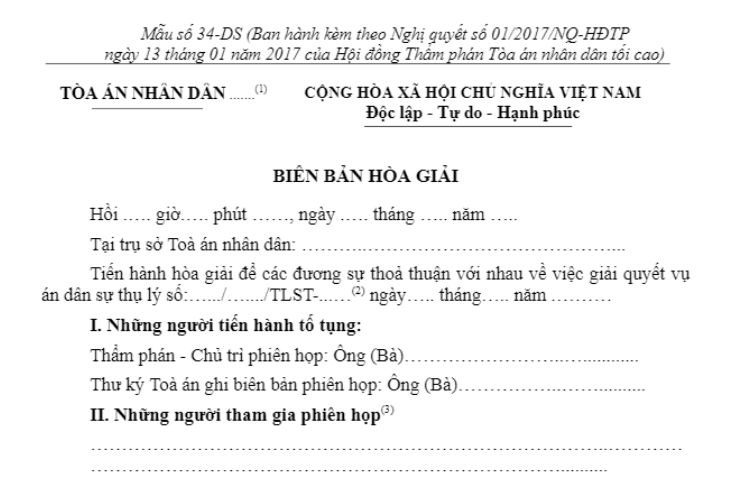 Mẫu Biên bản hòa giải (Mẫu số 34-DS)