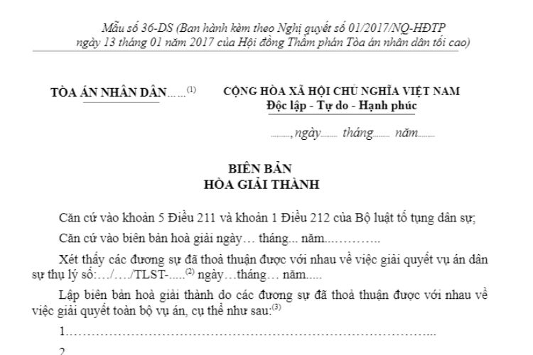 Mẫu Biên bản hoà giải thành (Mẫu số 36-DS) 2 Mẫu Biên bản hoà giải thành (Mẫu số 36-DS)