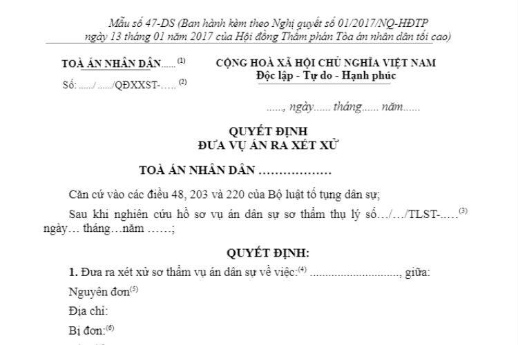 Mẫu Quyết định đưa vụ án ra xét xử sơ thẩm (Mẫu số 47-DS)
