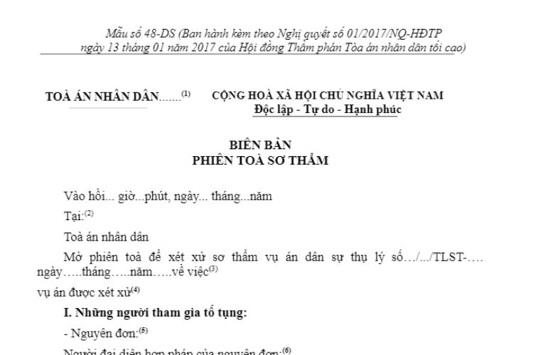 Mẫu Biên bản phiên tòa sơ thẩm (Mẫu số 48-DS)