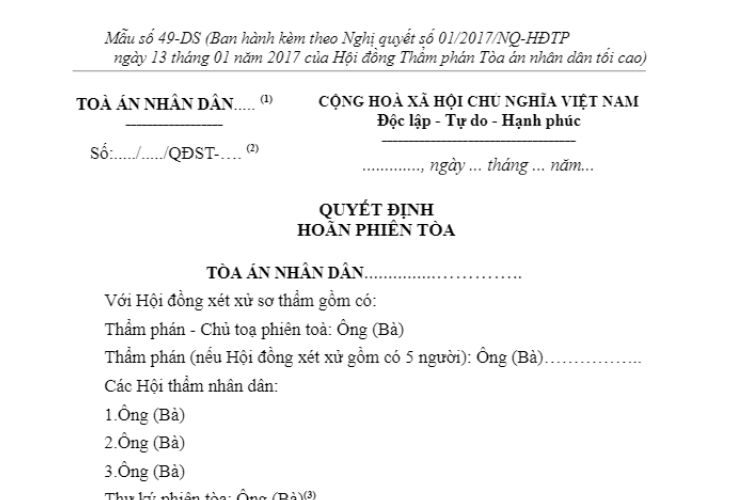 Mẫu Quyết định hoãn phiên tòa (Mẫu số 49-DS) 2 Mẫu Quyết định hoãn phiên tòa (Mẫu số 49-DS)