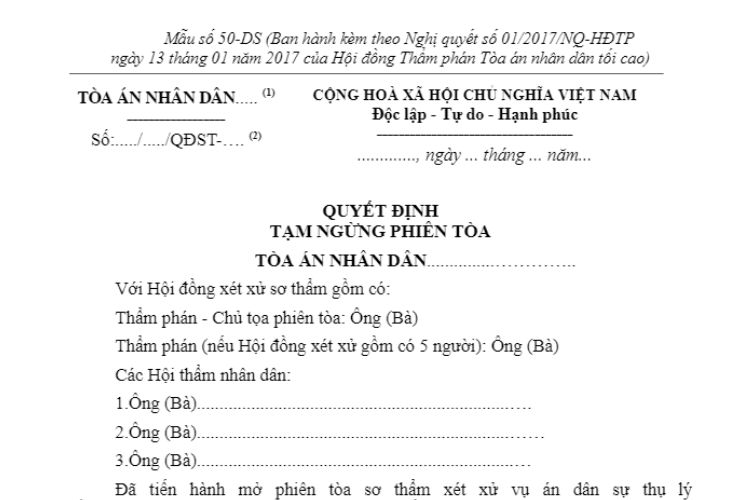 Mẫu Quyết định tạm ngừng phiên tòa (Mẫu số 50-DS)