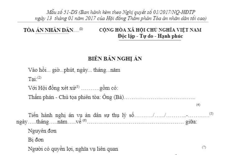 Mẫu Biên bản nghị án (Mẫu số 51-DS)