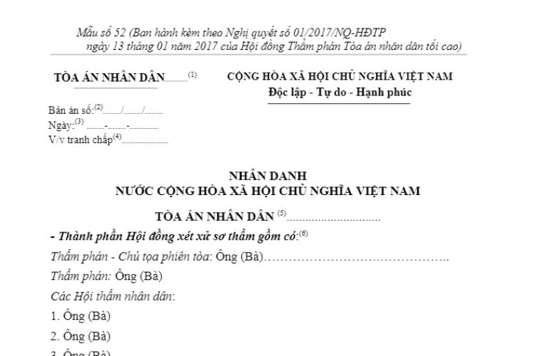 Mẫu Bản án dân sự sơ thẩm (Mẫu số 52-DS) 2 Mẫu Bản án dân sự sơ thẩm (Mẫu số 52-DS)