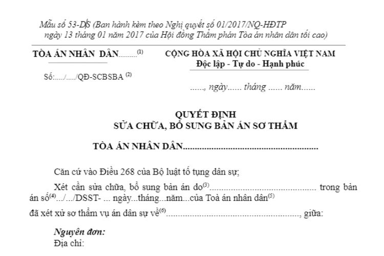 Mẫu Quyết định sửa chữa, bổ sung bản án (Mẫu số 53-DS)