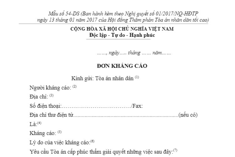 Mẫu Đơn kháng cáo vụ án dân sự (Mẫu số 54-DS) 2 Mẫu Đơn kháng cáo vụ án dân sự (Mẫu số 54-DS)