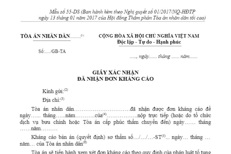 Mẫu Giấy xác nhận đã nhận đơn kháng cáo (Mẫu số 55-DS) 2 Mẫu Giấy xác nhận đã nhận đơn kháng cáo (Mẫu số 55-DS)