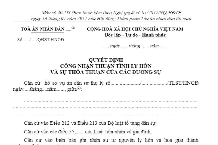Mẫu Quyết định công nhận thuận tình ly hôn và sự thỏa thuận của các đương sự (Mẫu số 40-DS) 2 Mẫu Quyết định công nhận thuận tình ly hôn và sự thỏa thuận của các đương sự (Mẫu số 40-DS)