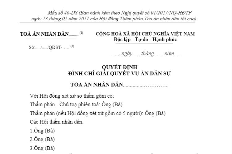 Mẫu Quyết định đình chỉ giải quyết vụ án dân sự dành cho Hội đồng xét xử (Mẫu số 46-DS)