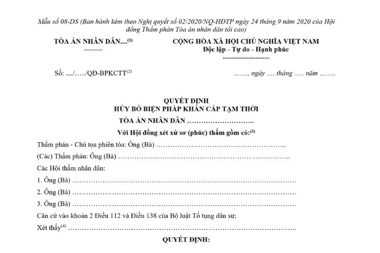 Mẫu Quyết định hủy bỏ biện pháp khẩn cấp tạm thời dành cho Hội đồng xét xử sơ thẩm và Hội đồng xét xử phúc thẩm (Mẫu số 08-DS)