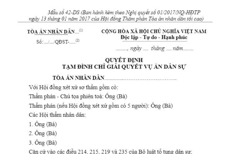 Mẫu Quyết định tạm đình chỉ giải quyết vụ án dân sự dành cho Hội đồng xét xử (Mẫu số 42-DS) 2 Mẫu Quyết định tạm đình chỉ giải quyết vụ án dân sự dành cho Hội đồng xét xử (Mẫu số 42-DS)