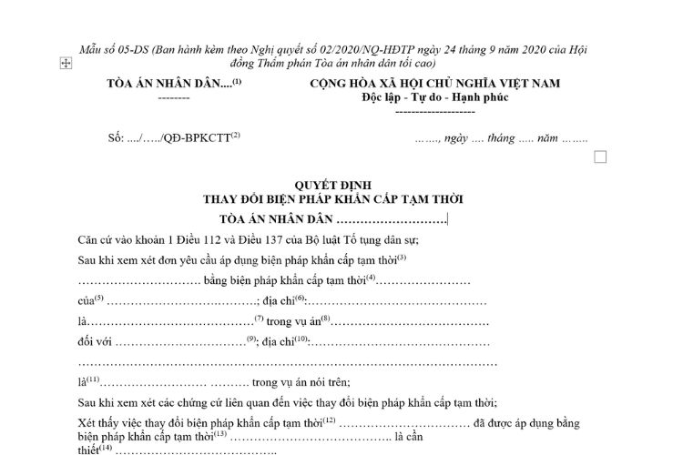 Mẫu Quyết định thay đổi biện pháp khẩn cấp tạm thời dành cho Thẩm phán (Mẫu số 05-DS)