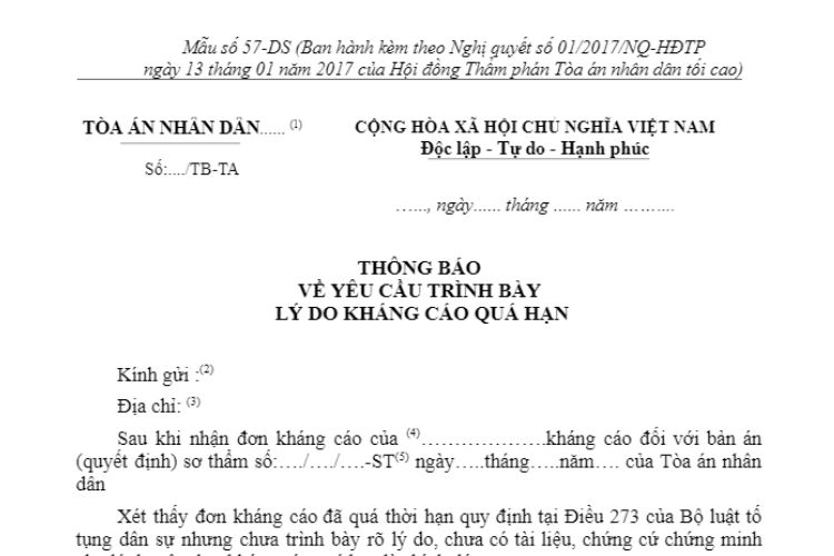 Mẫu Thông báo về yêu cầu trình bày lý do kháng cáo quá hạn (Mẫu số 57-DS) 2 Mẫu Thông báo về yêu cầu trình bày lý do kháng cáo quá hạn (Mẫu số 57-DS)