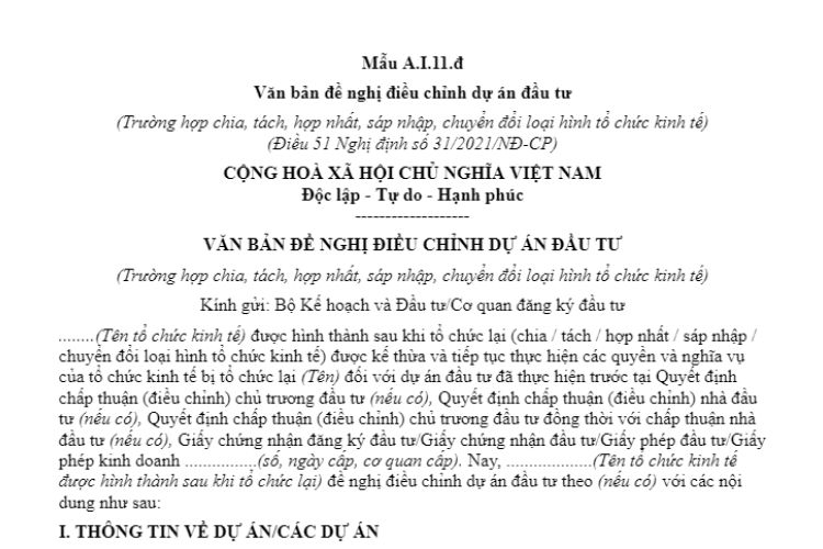 Mẫu A.I.11.đ | Văn bản đề nghị điều chỉnh dự án đầu tư 2 Mẫu A.I.11.đ | Văn bản đề nghị điều chỉnh dự án đầu tư