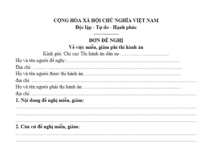 Mẫu đơn xin miễn, giảm phí thi hành án mới nhất 2 Mẫu đơn xin miễn, giảm phí thi hành án mới nhất