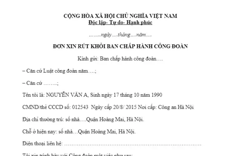 Mẫu đơn xin rút khỏi ban chấp hành công đoàn 2 Mẫu đơn xin rút khỏi ban chấp hành công đoàn